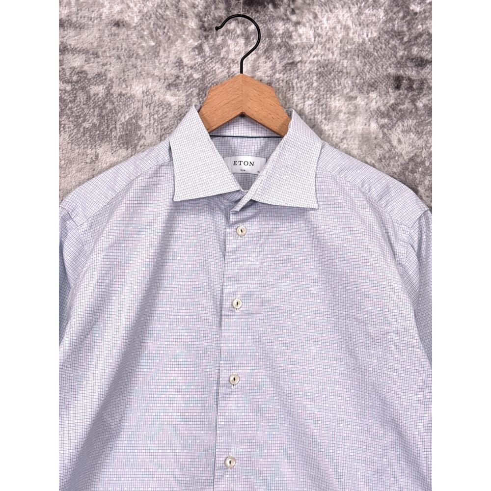 Eton Slim Fit Dress Shirt 44 / 17.5 Mens White Check Geometric